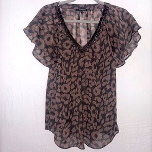 Express Black & Tan Sheer Leopard Print Flutter Sleeve Blouse Size Small